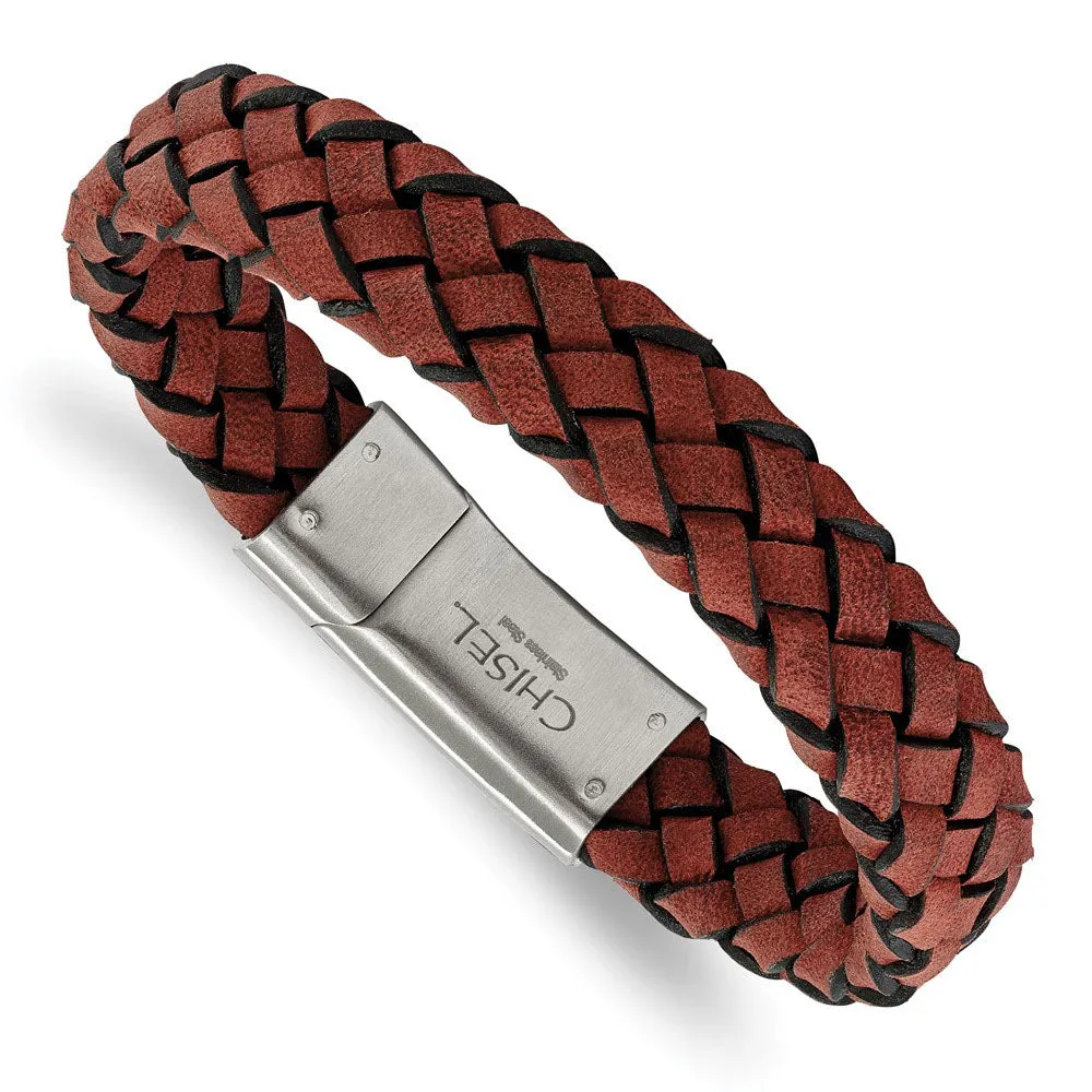 12.5mm Stainless Steel Black, Brown or Red Leather Bracelet, 8.25 Inch