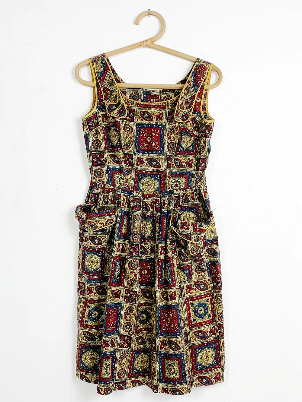 50s Handmade Cotton Floral Checkered Dress