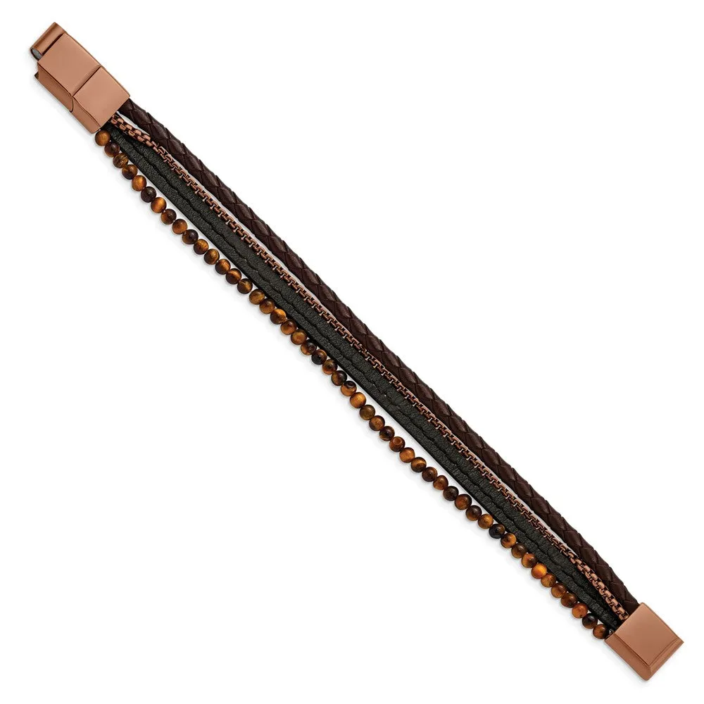 Brown Plated Stainless Steel, Tiger Eye, Leather Bracelet, 7.5-8 Inch