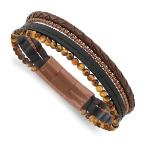 Brown Plated Stainless Steel, Tiger Eye, Leather Bracelet, 7.5-8 Inch