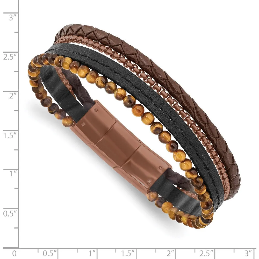 Brown Plated Stainless Steel, Tiger Eye, Leather Bracelet, 7.5-8 Inch