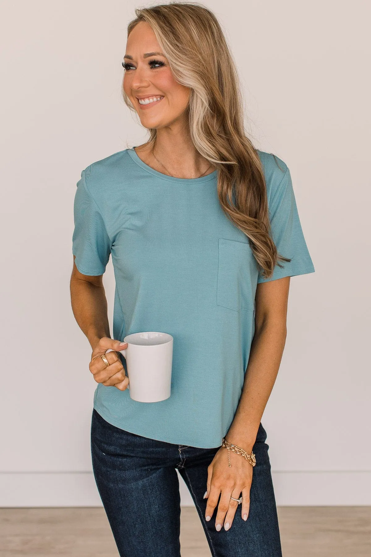 Casual Days Knit Pocket Top- Light Blue