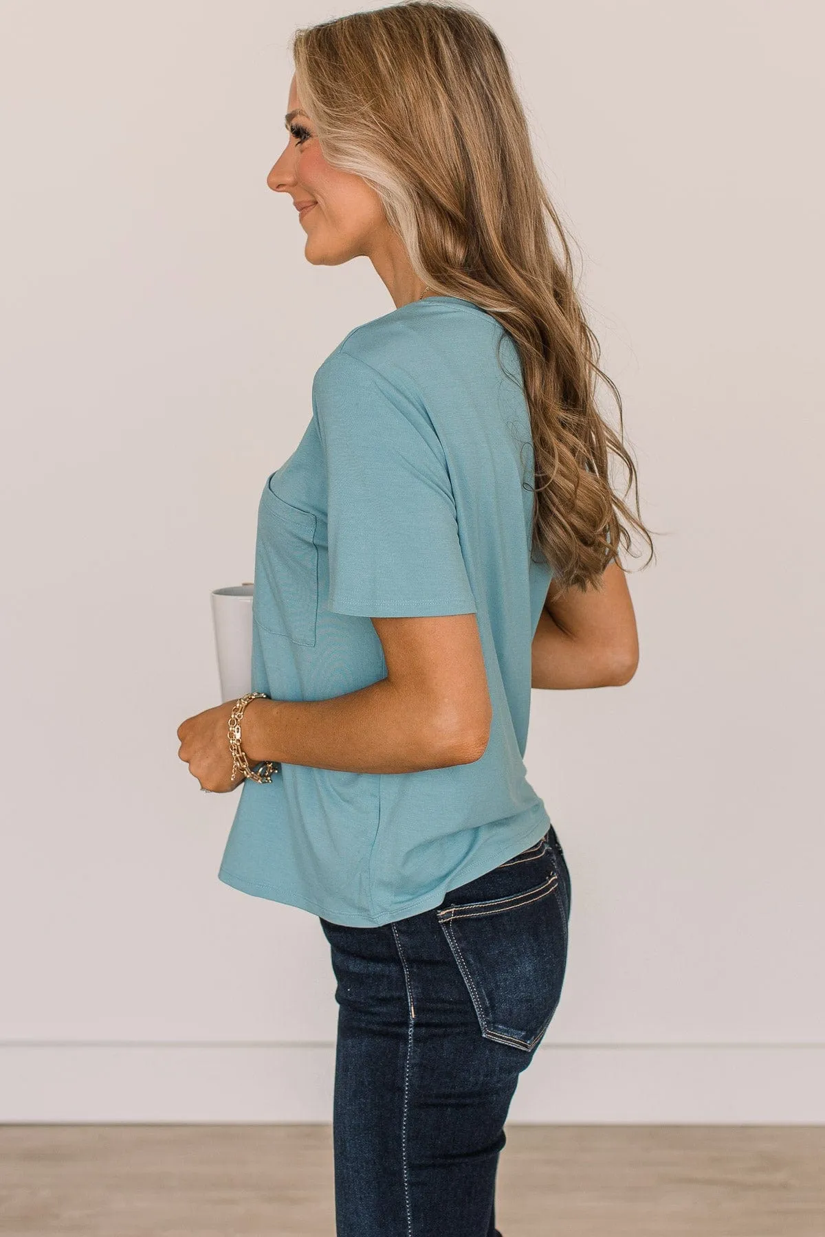 Casual Days Knit Pocket Top- Light Blue