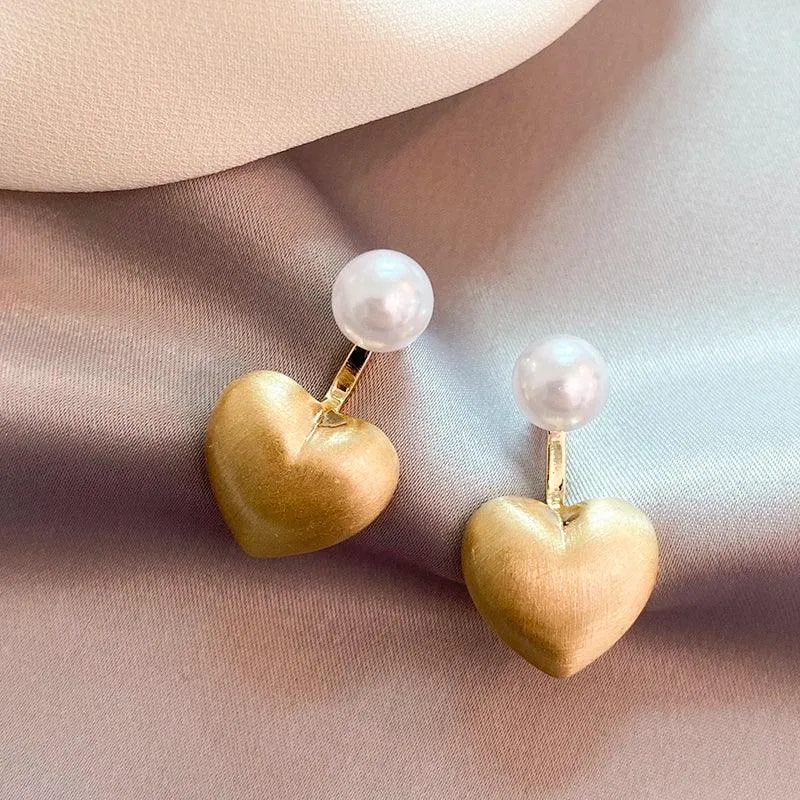 Contracted Metal Frosted Heart-shaped Pearl Stud Earrings Charm Jewelry RB256