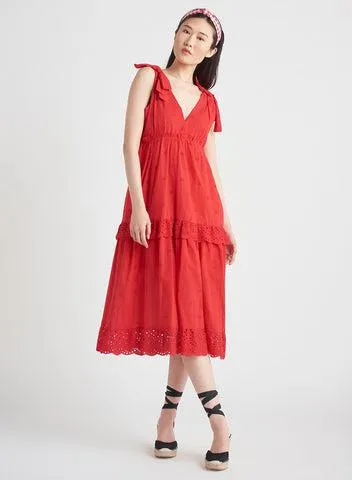 Dex Tied Strap Eyelet Midi Dress in Fiery Red