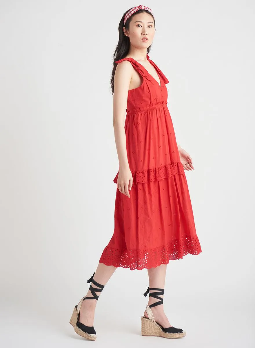 Dex Tied Strap Eyelet Midi Dress in Fiery Red