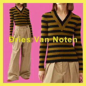 Dries Van Noten  |Stripes Casual Style Rib V-Neck Long Sleeves