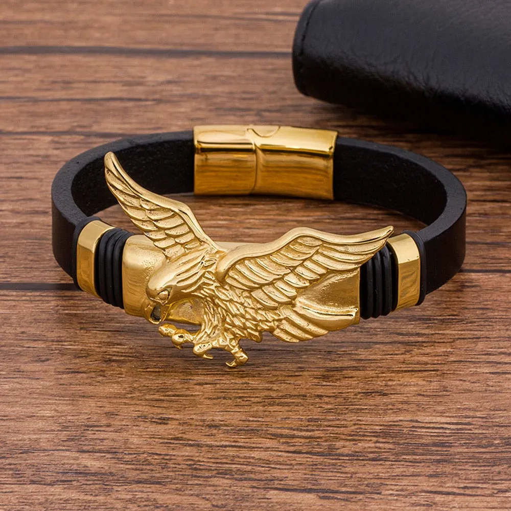 Gold Plated Stainless-Steel Leather Flying Eagle Bracelet