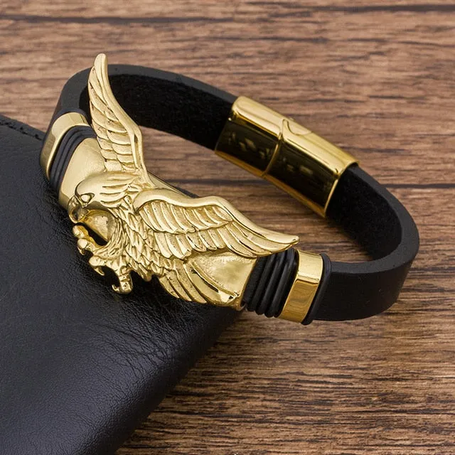 Gold Plated Stainless-Steel Leather Flying Eagle Bracelet