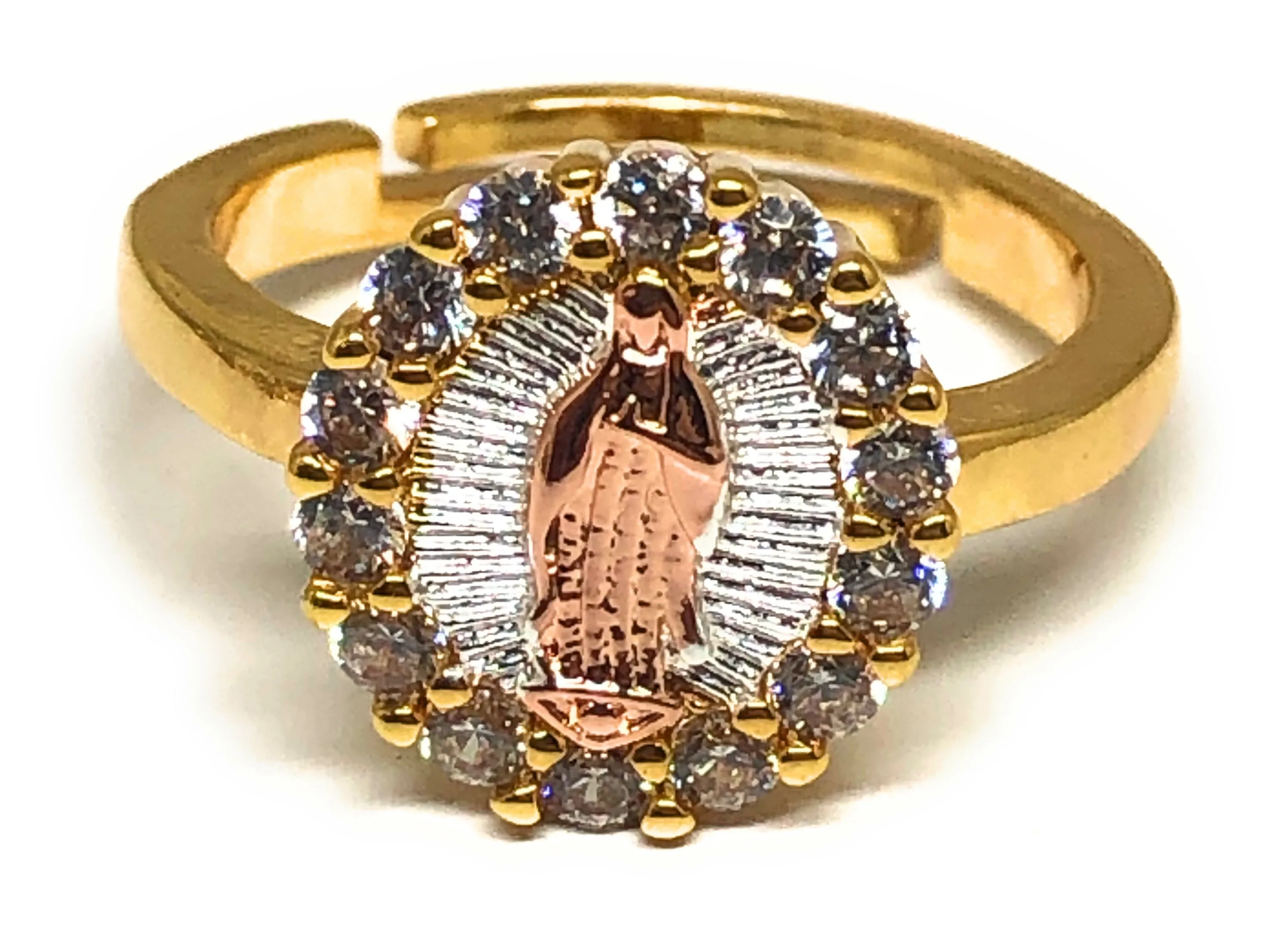 Gold Plated Tri-Color Virgin Mary CZ  Ring Virgen Guadalupe Anillo Adjustable Sizes (5-12)