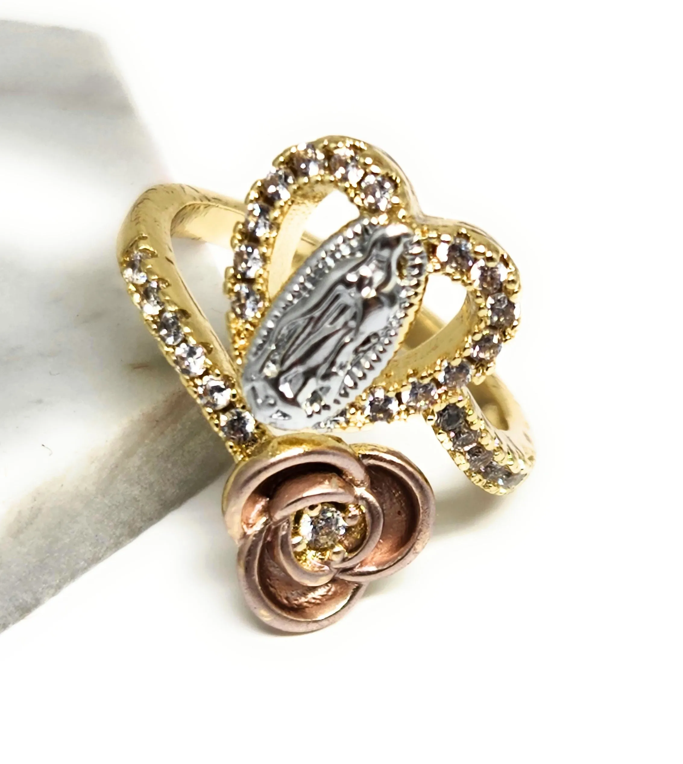 Gold Plated Tri-Color Virgin Mary HEART & FLOWER CZ Ring Virgen Guadalupe Anillo Adjustable