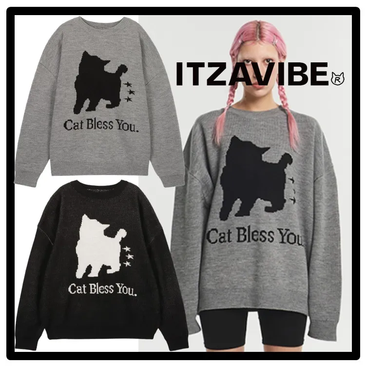 ITZAVIBE  |Casual Style Street Style Logo V-neck & Crew neck