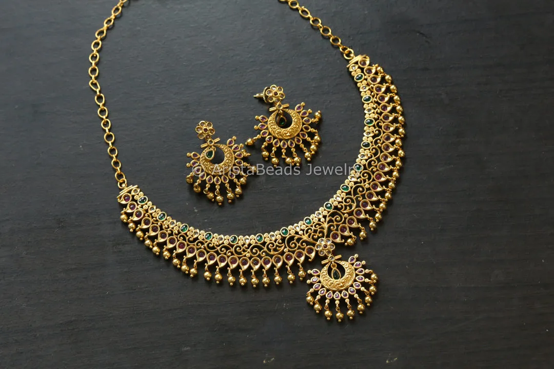 Kemp Polki Filigree Work Necklace Set