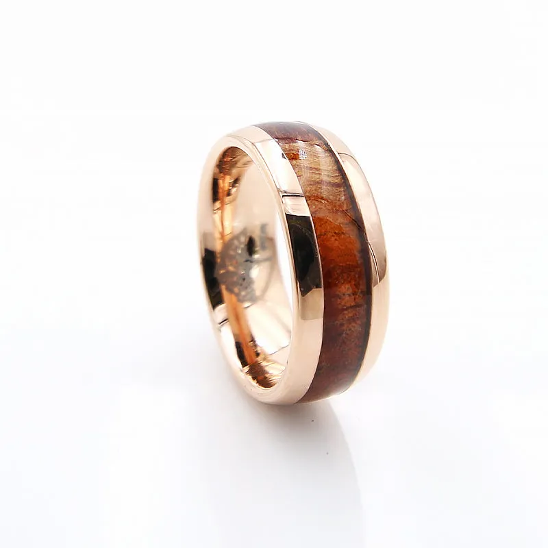 Koa Wood Rose Gold Tungsten Ring Rounded 8mm