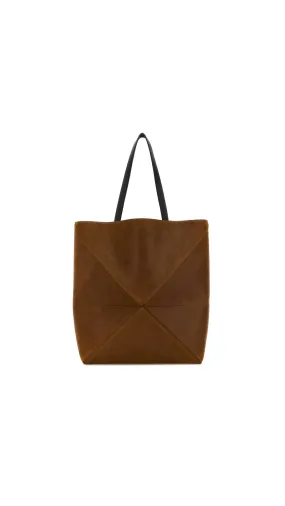 Large Puzzle Fold Tote In Shiny Calfskin - Congac