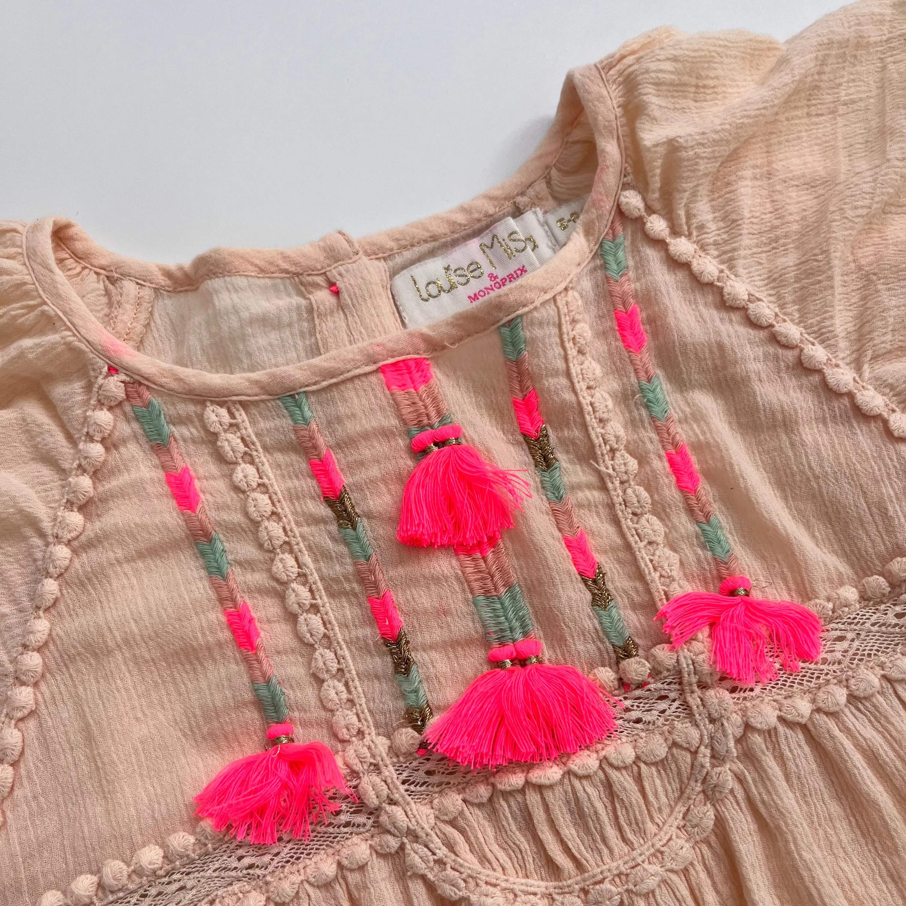 Louise Misha Dusty Pink Top With Neon Embroidery: 5-6 Years