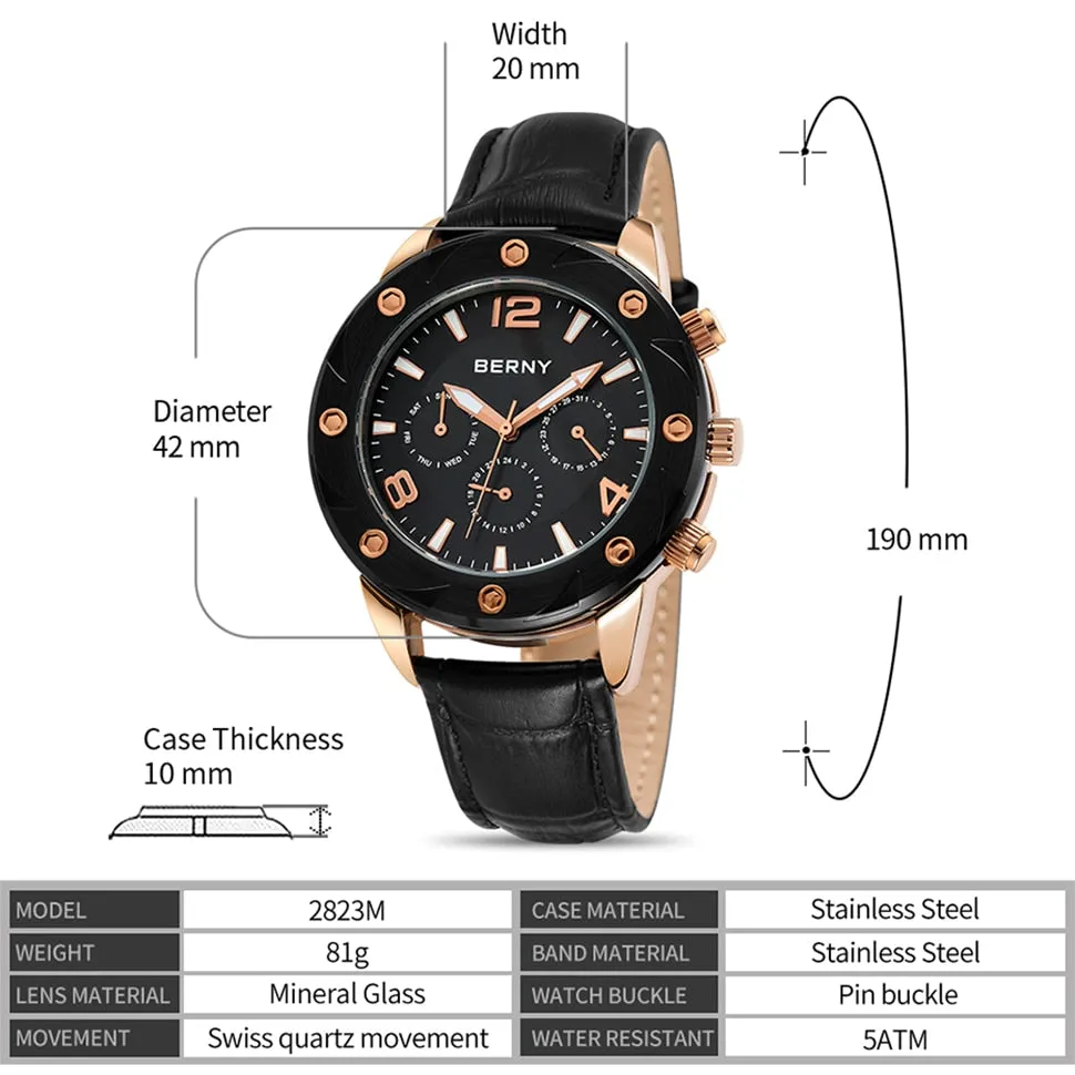 Luminous Men Quartz Swiss Movement Clock Date Day Multifunction Wristwatch Waterproof 5ATM Cool