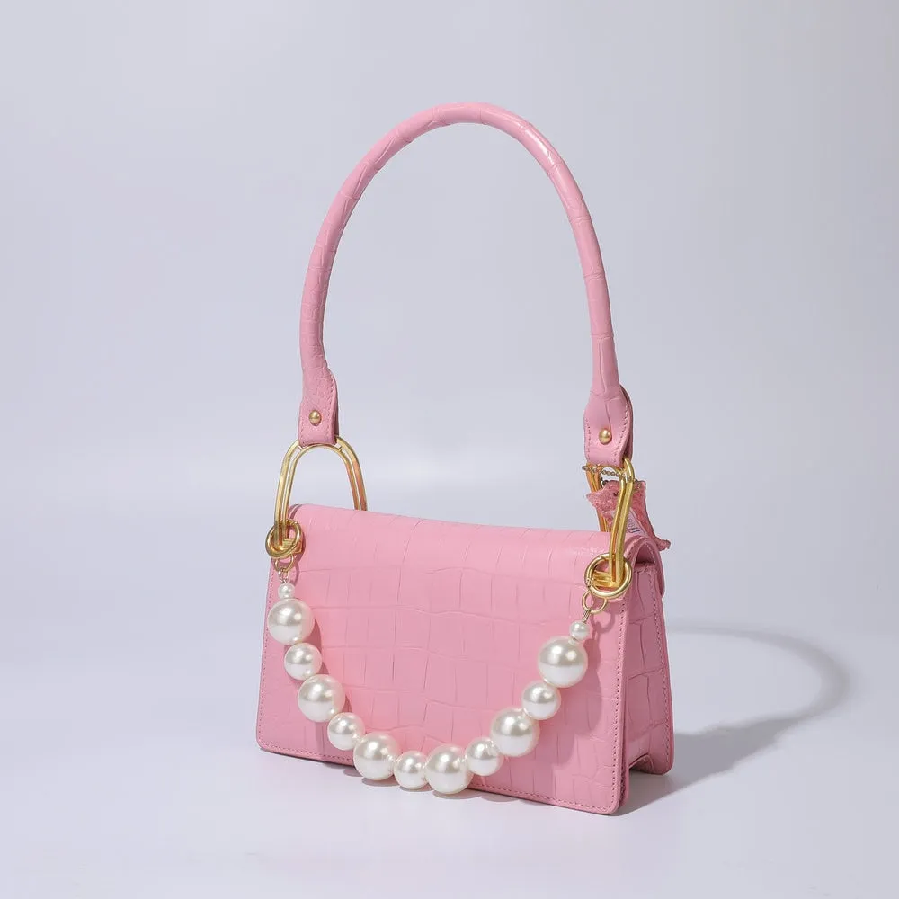 Luxury Genuine Leather Croc Pattern Pearl Chain Decor Handbag for Women