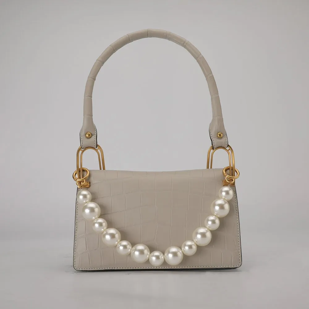 Luxury Genuine Leather Croc Pattern Pearl Chain Decor Handbag for Women