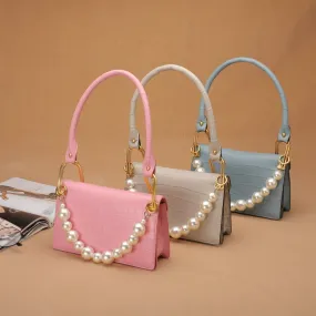 Luxury Genuine Leather Croc Pattern Pearl Chain Decor Handbag for Women