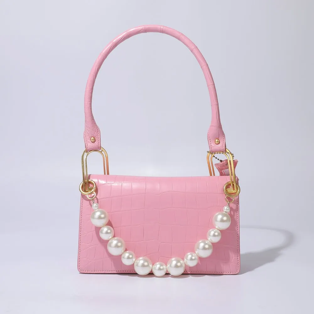 Luxury Genuine Leather Croc Pattern Pearl Chain Decor Handbag for Women