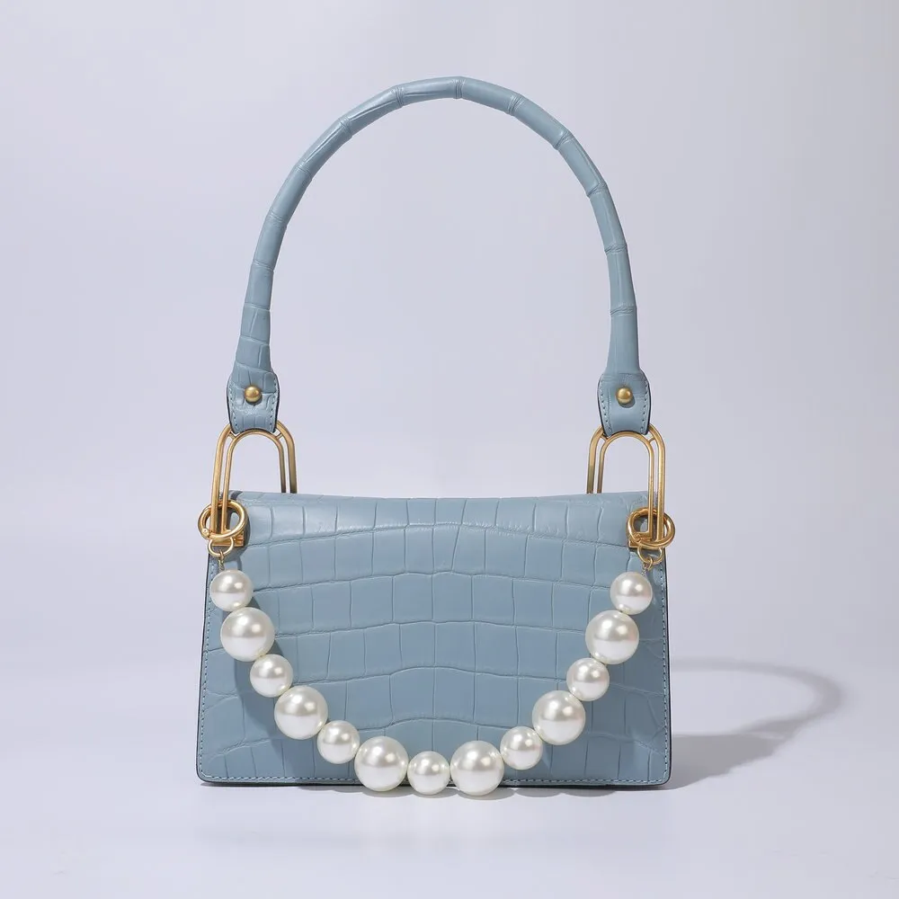 Luxury Genuine Leather Croc Pattern Pearl Chain Decor Handbag for Women