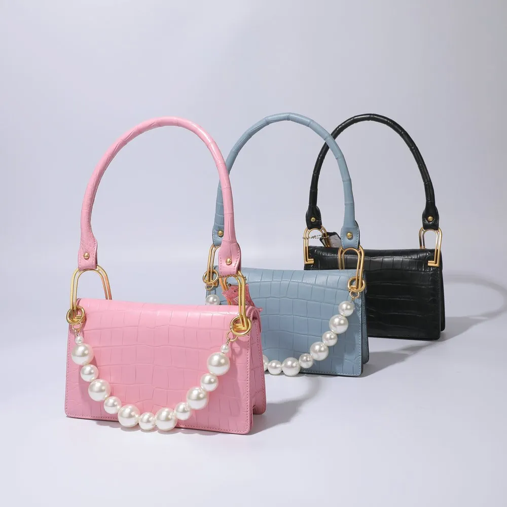 Luxury Genuine Leather Croc Pattern Pearl Chain Decor Handbag for Women