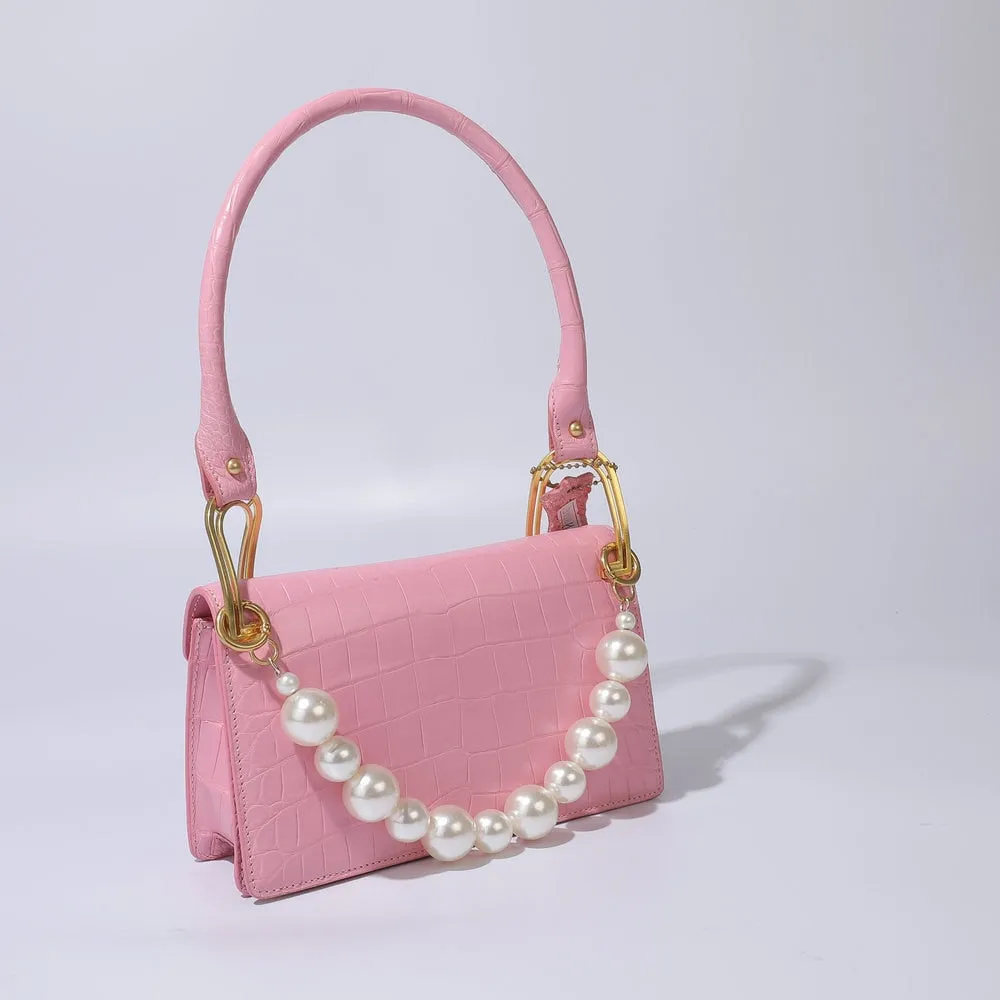 Luxury Genuine Leather Croc Pattern Pearl Chain Decor Handbag for Women