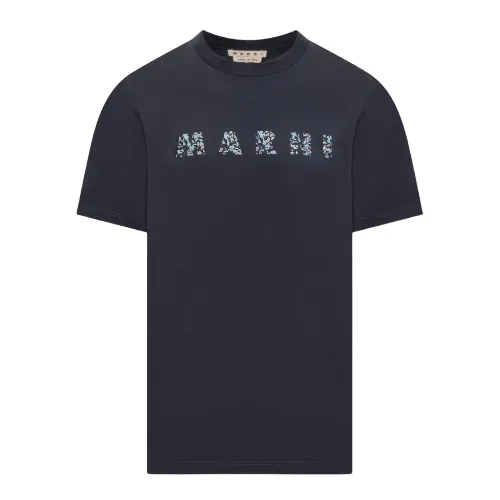 MARNI  |Deep blue bio cotton T-shirt with patterned Marni print