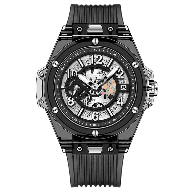 Men's Luxury Transparent Case Calendar Waterproof Quartz Wristwatch