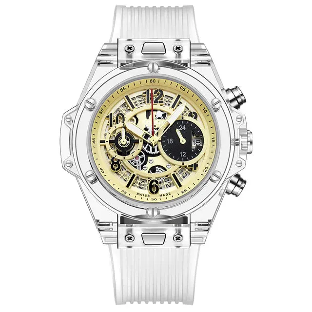 Men's Luxury Transparent Case Calendar Waterproof Quartz Wristwatch