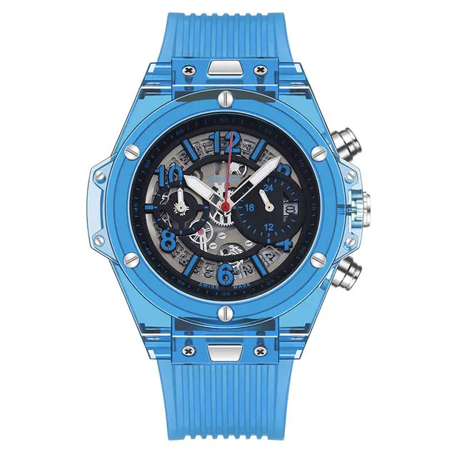 Men's Luxury Transparent Case Calendar Waterproof Quartz Wristwatch