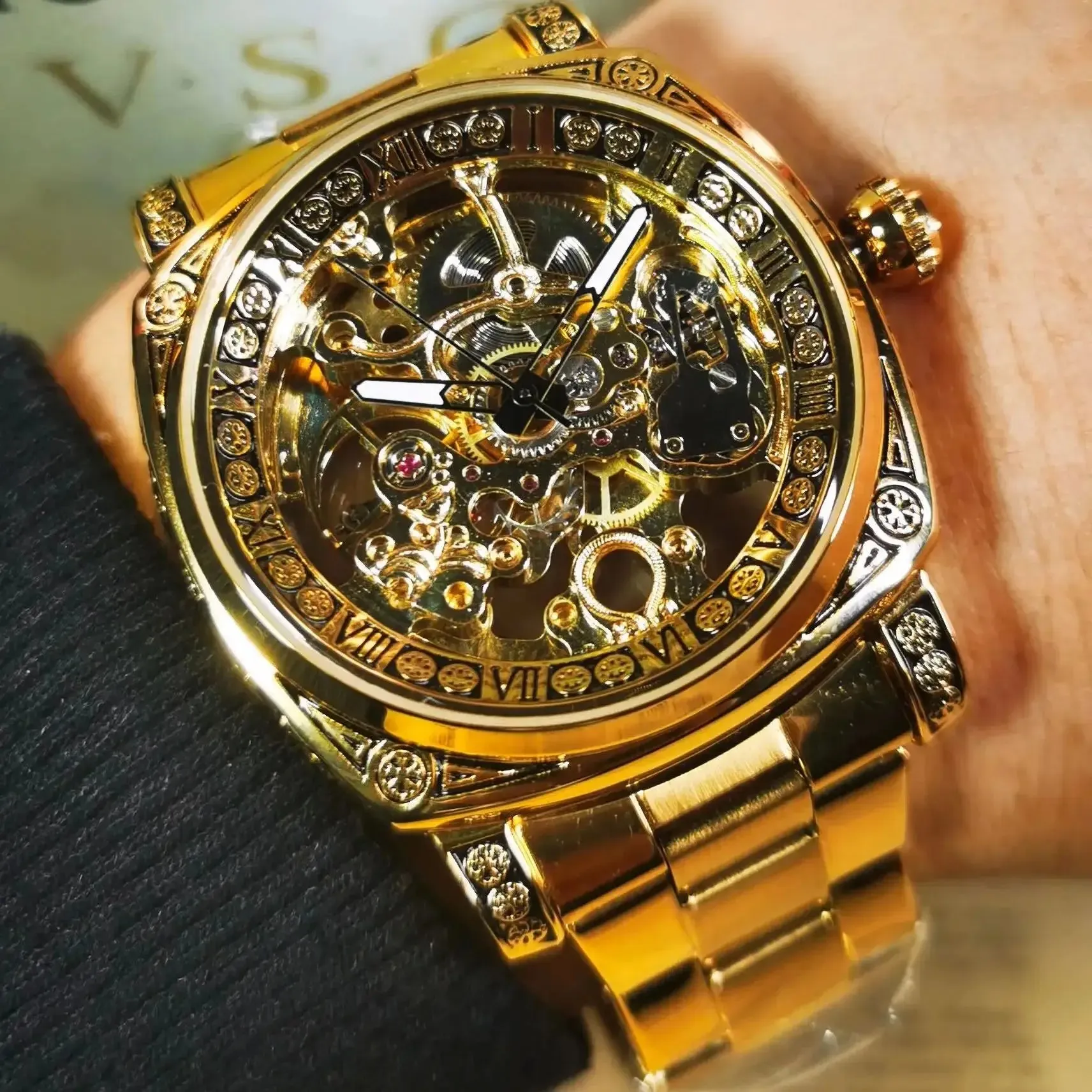 Men's Square Automatic Skeleton Luxury Watch with Engraved Case Luminous Hands Steel Strap