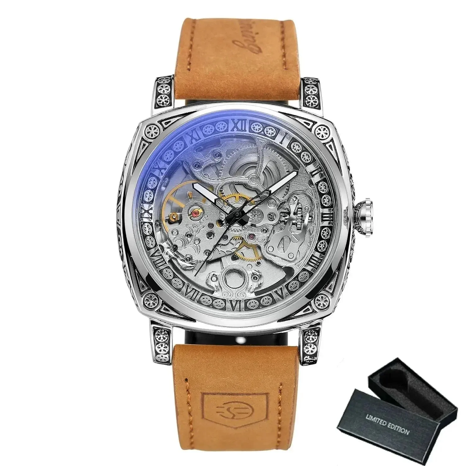 Men's Square Automatic Skeleton Luxury Watch with Engraved Case Luminous Hands Steel Strap