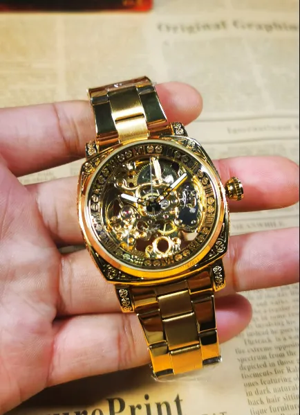 Men's Square Automatic Skeleton Luxury Watch with Engraved Case Luminous Hands Steel Strap