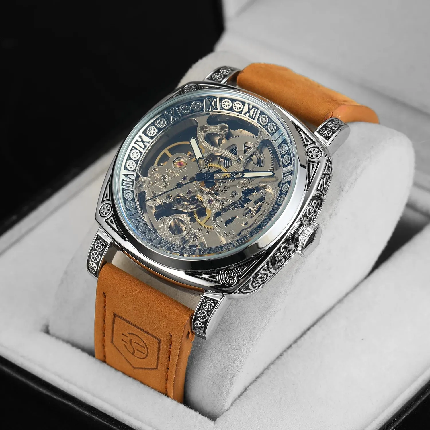 Men's Square Automatic Skeleton Luxury Watch with Engraved Case Luminous Hands Steel Strap