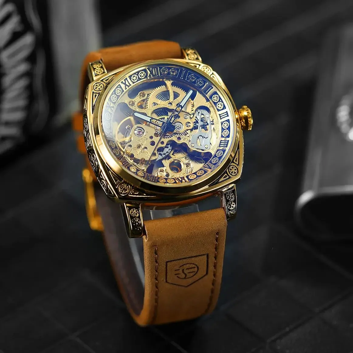 Men's Square Automatic Skeleton Luxury Watch with Engraved Case Luminous Hands Steel Strap