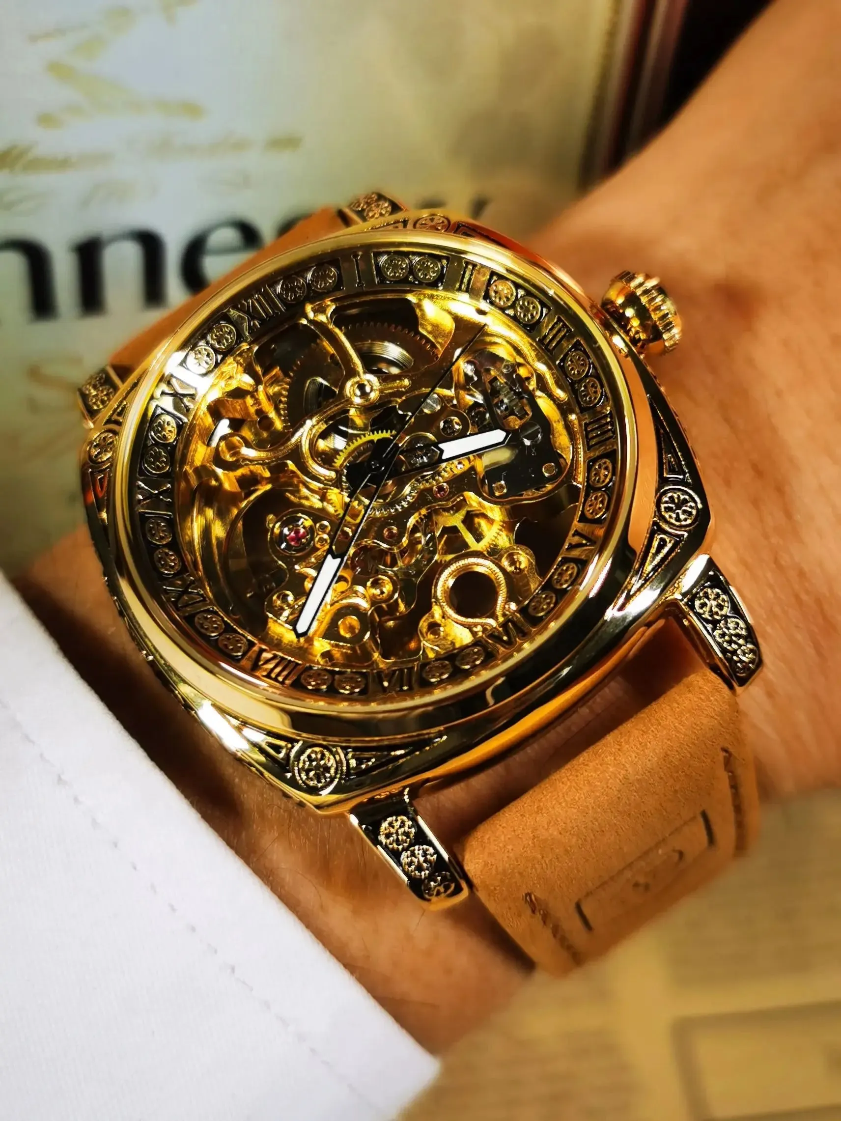 Men's Square Automatic Skeleton Luxury Watch with Engraved Case Luminous Hands Steel Strap