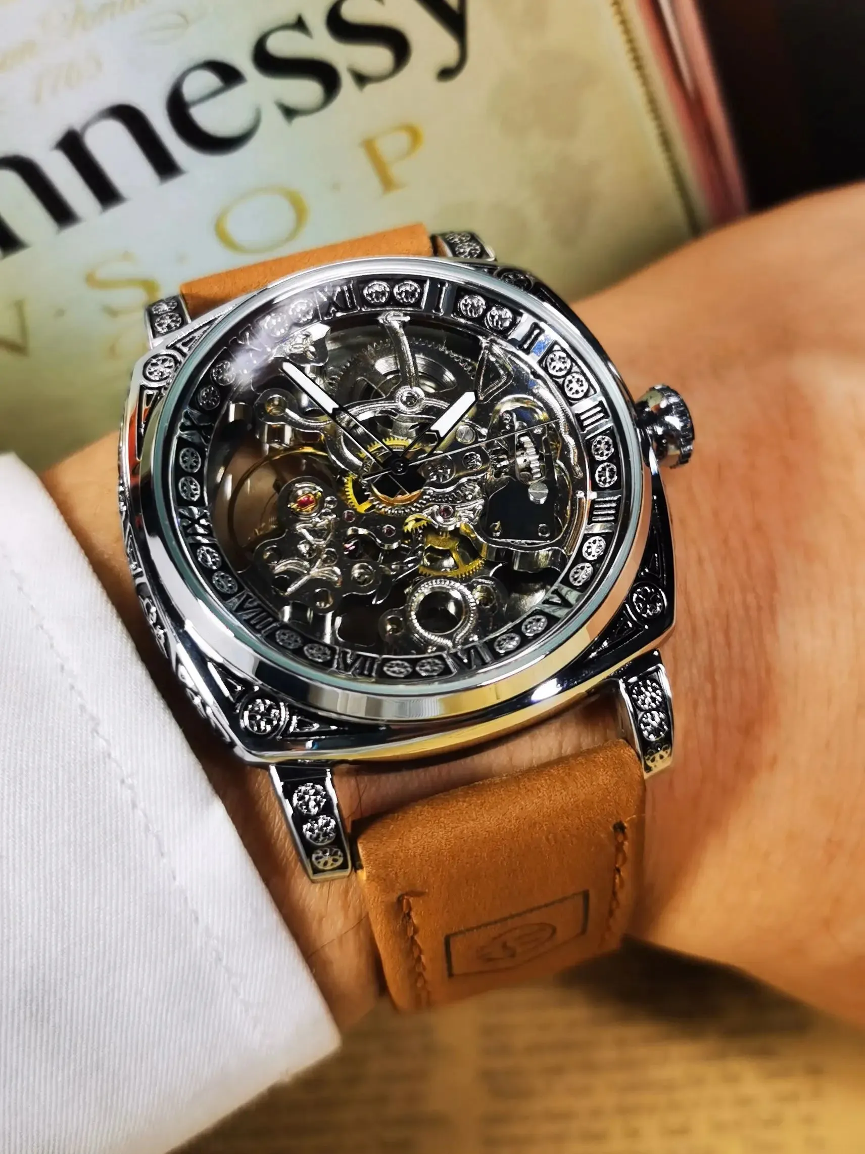 Men's Square Automatic Skeleton Luxury Watch with Engraved Case Luminous Hands Steel Strap