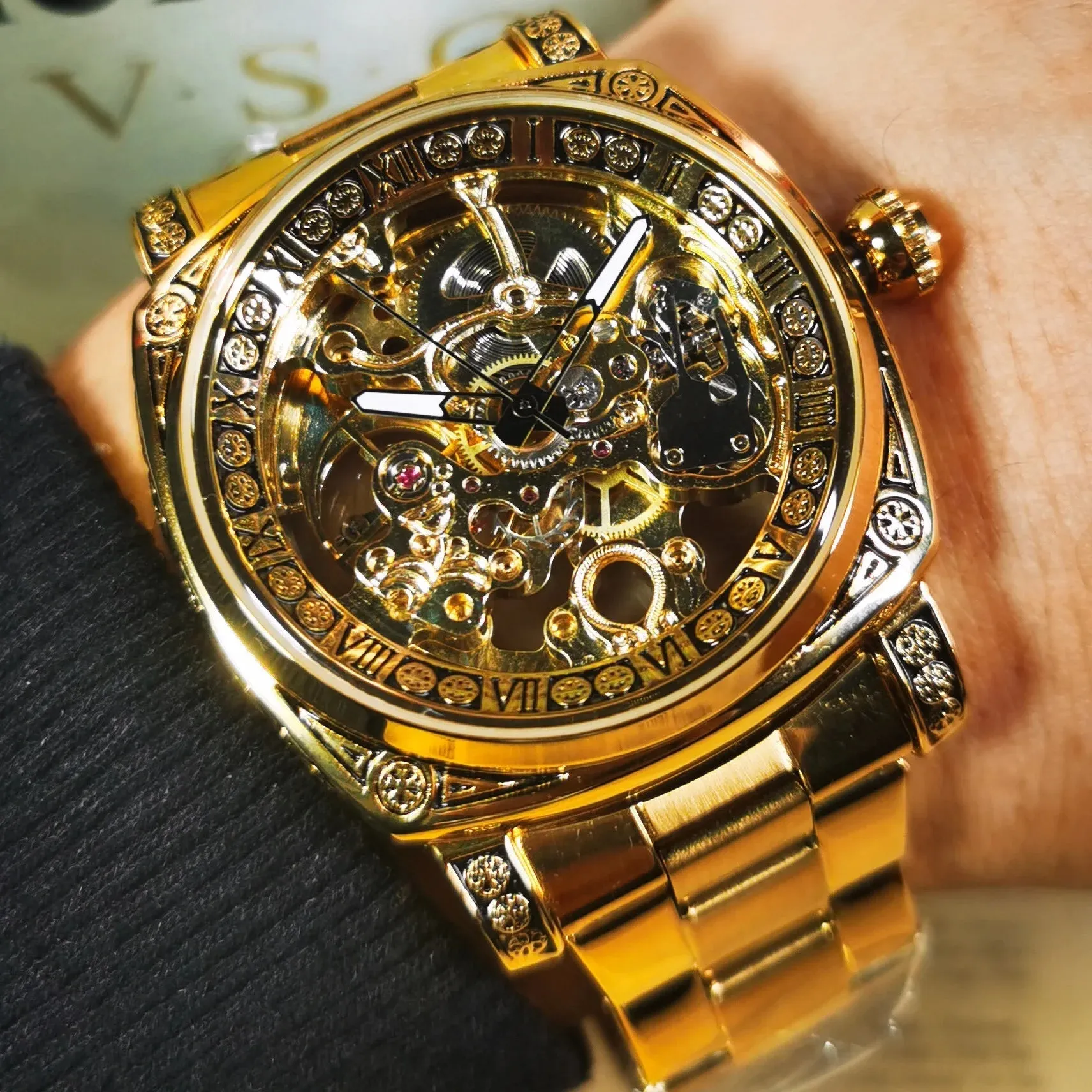 Men's Square Automatic Skeleton Luxury Watch with Engraved Case Luminous Hands Steel Strap