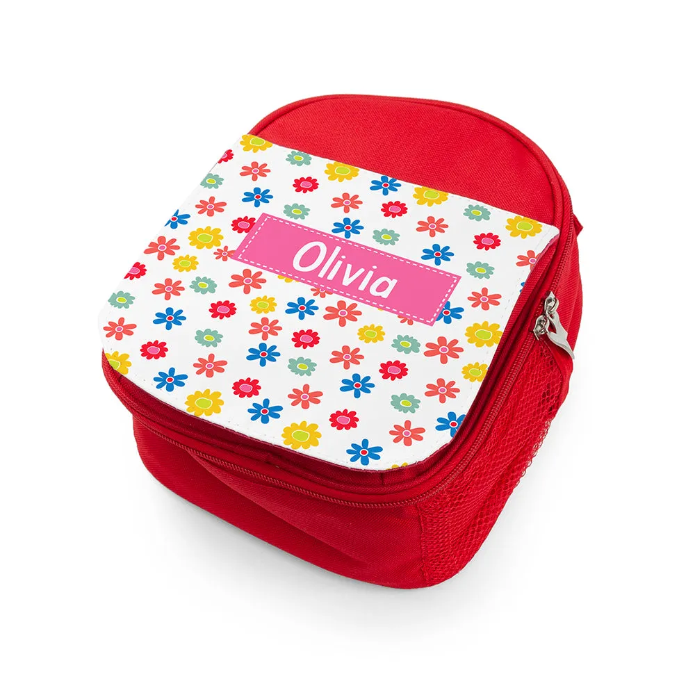 Personalised Girl's Red Patterned Lunch Bag