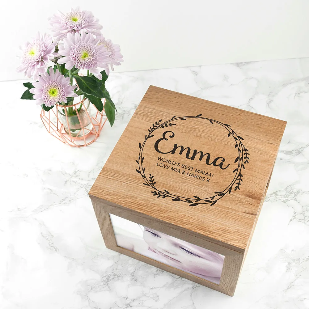 Personalised Wreath Mother's Day Large Oak Photo Cube