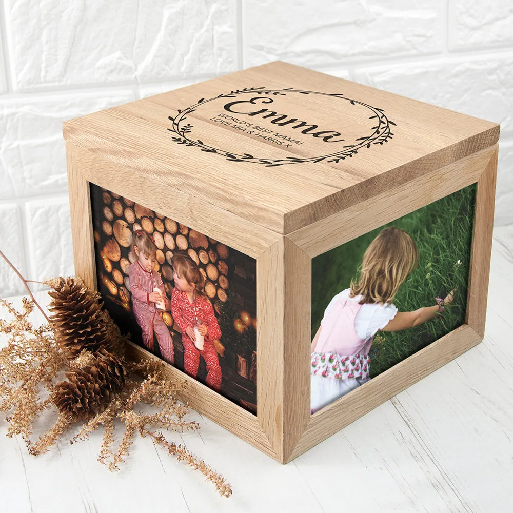 Personalised Wreath Mother's Day Large Oak Photo Cube