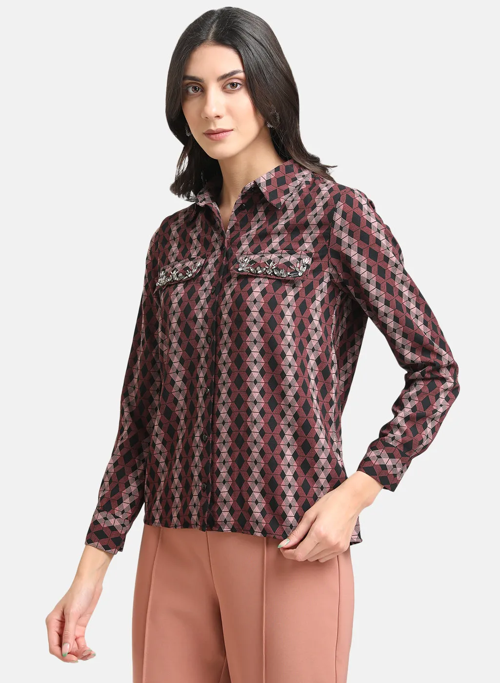 Printed Shirt With Embellished Pocket Flaps