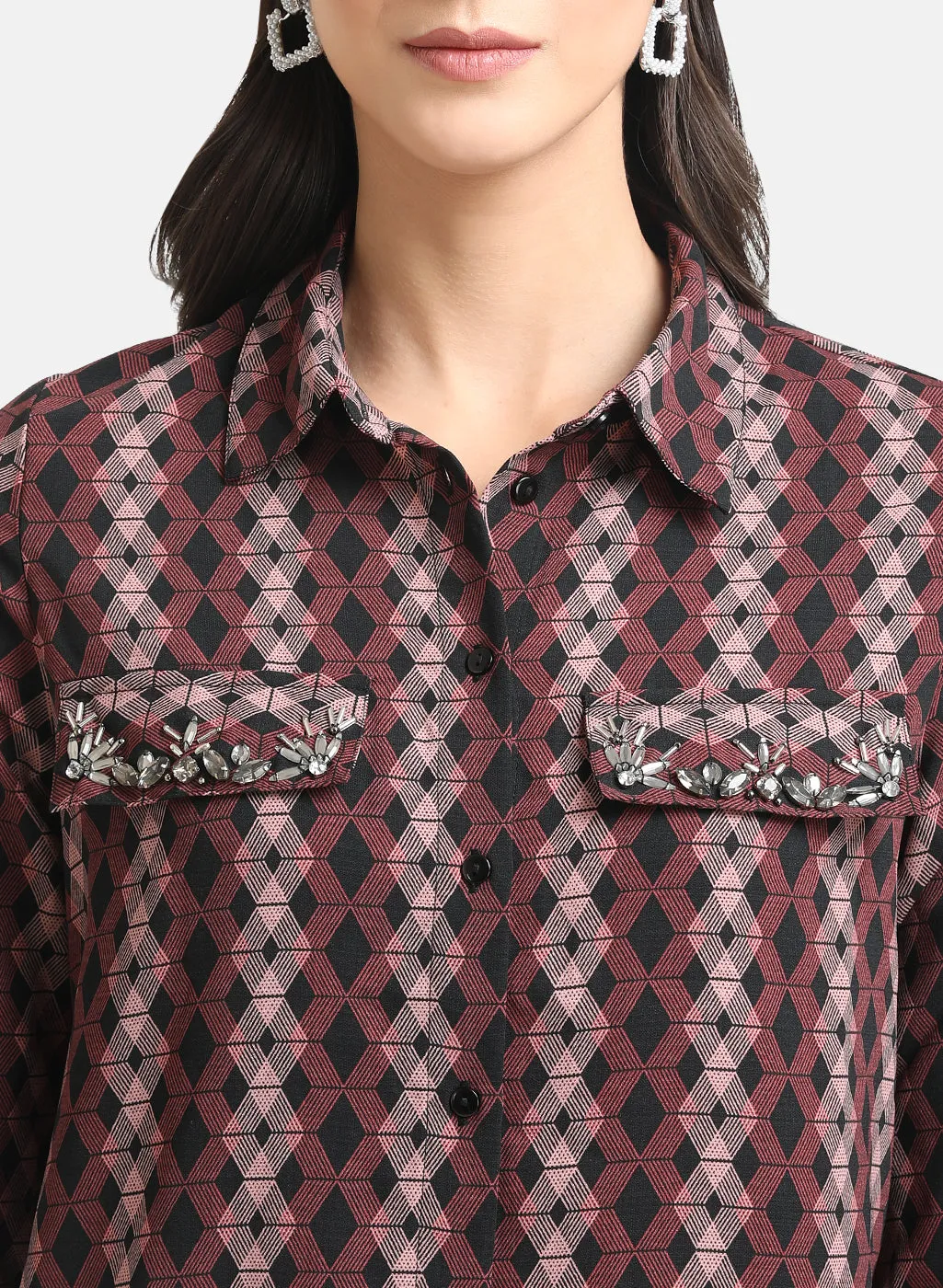 Printed Shirt With Embellished Pocket Flaps