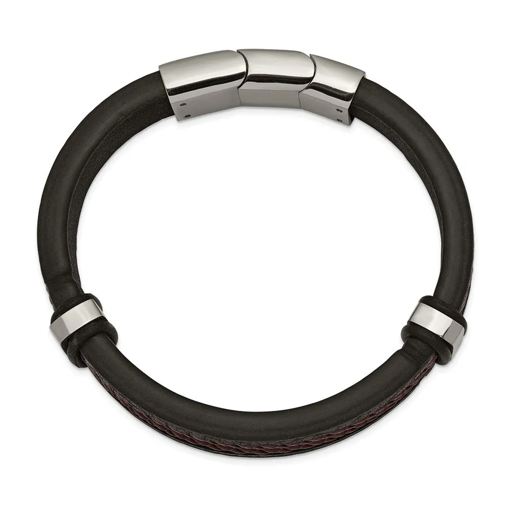 Stainless Steel, Black/Brown Leather Adjustable Bracelet, 8 Inch