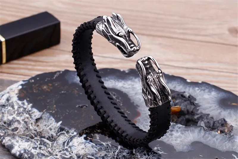 Stainless Steel Leather Double Dragons Open Cuff Bangle