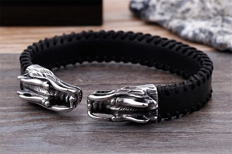 Stainless Steel Leather Double Dragons Open Cuff Bangle