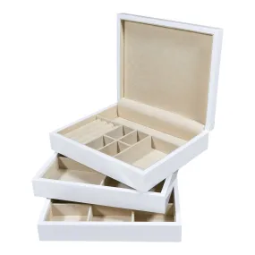 White Lacquered Multi Level Stackable Wood Jewelry Box And Optional Add-on Tray