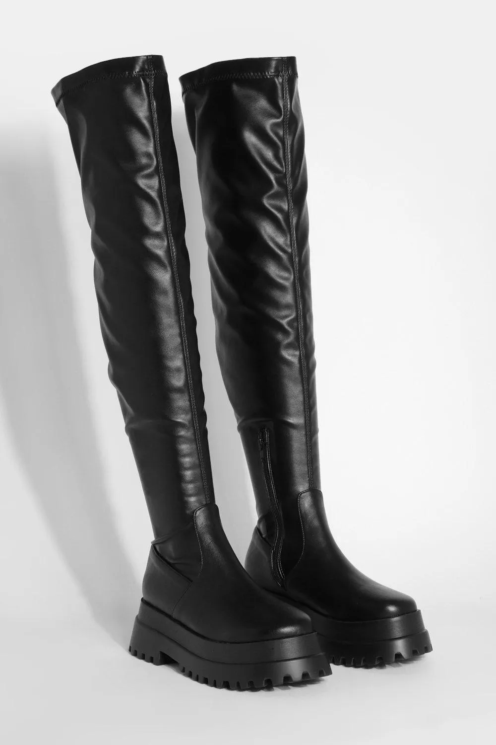 Wide Width Stretch Pu Over The Knee Chunky Boots